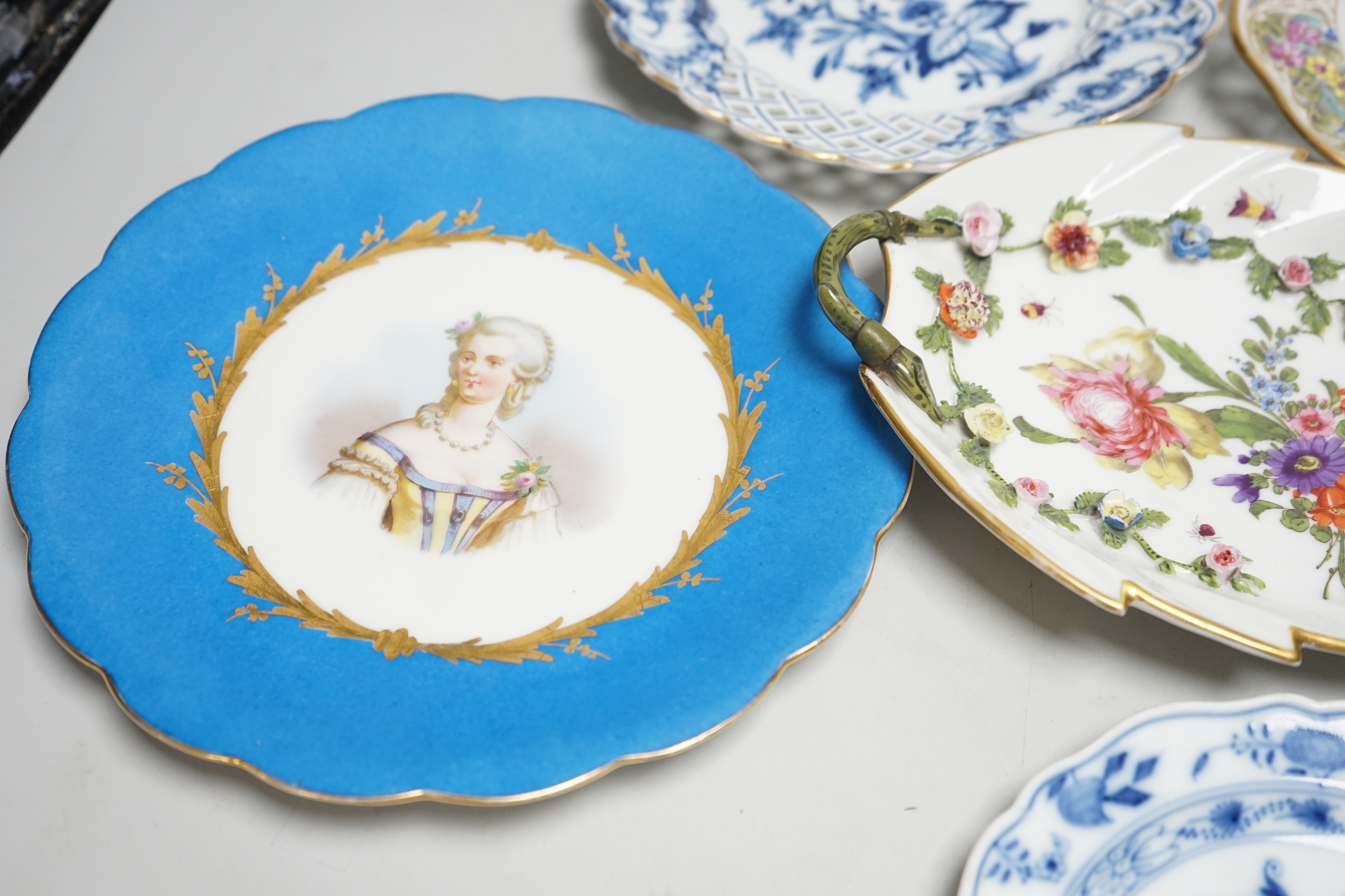 Six Continental plates by Meissen, Dresden, Sevres, etc. including Sevres Comtesse Dubarry portrait, two Meissen plates with pierced edges, two outside decorated, widest 23.5cm